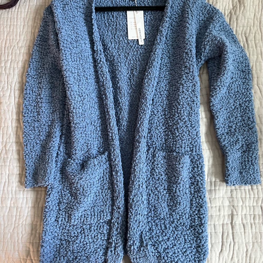 Dusty blue fuzzy popcorn batwing sleeve cardigan knit oversized Sherpa sweater